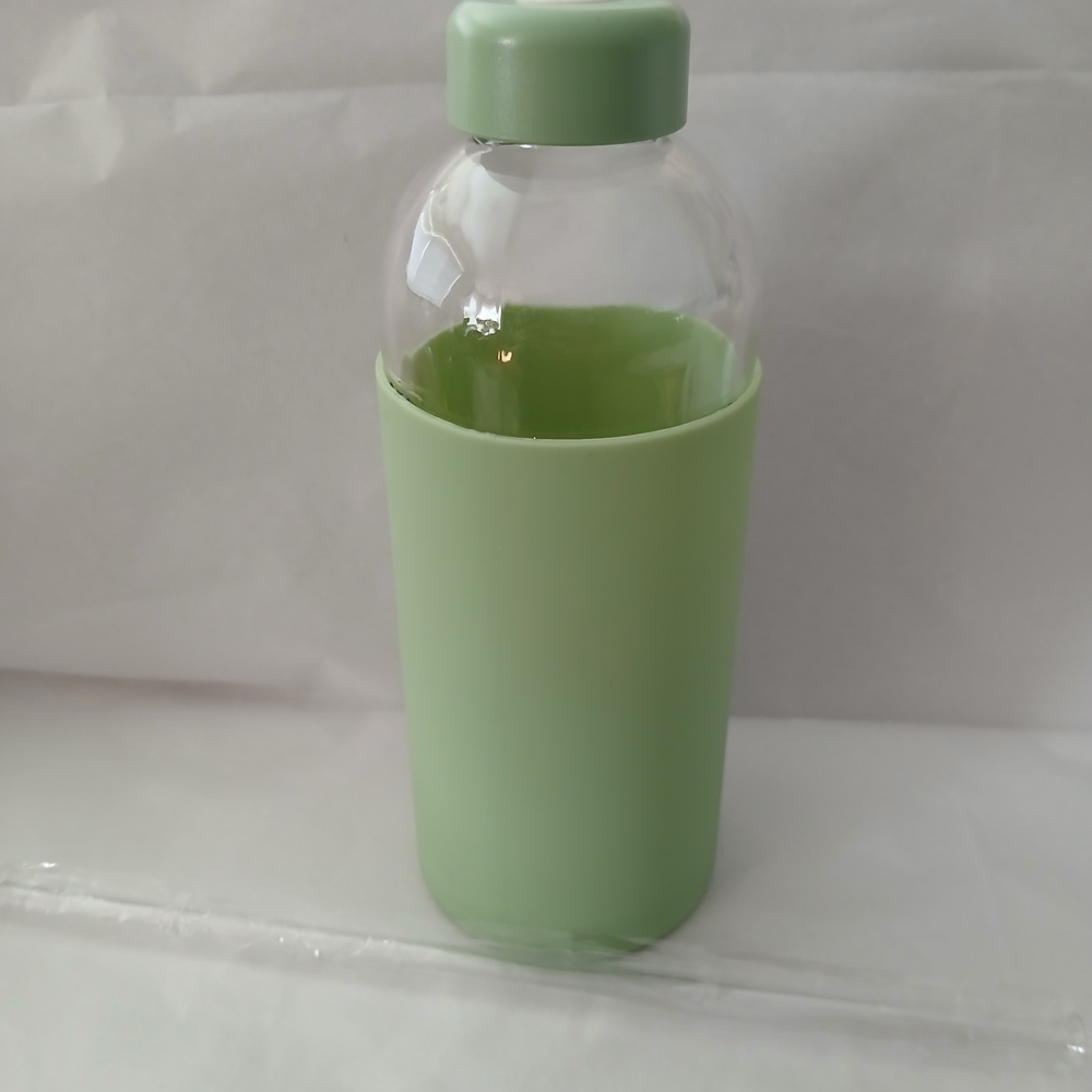 Room Essentials Glass Water Bottle W/ Straw And Green Silicone Boot